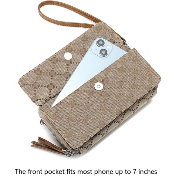 Women Jacquard Beige Imported Faux Leather Crossbody With Phone Pocket Bag - Picture 3 of 4
